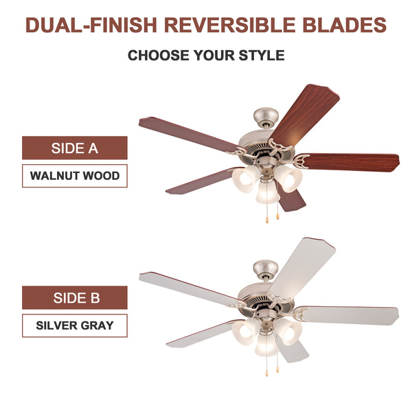 Simpol Home 52’’ Vintage Indoor Ceiling Fan with 3 LED Lights, Pull Chain Control, Reversible AC Motor, Walnut/Silver Reversible Blades and Satin Nickel Finish