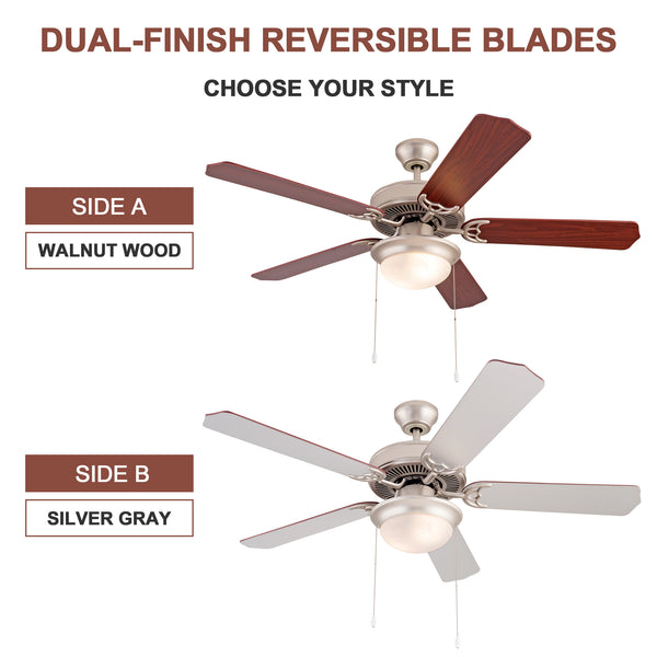 Simpol Home 52’’ Prominent Indoor Ceiling Fan with LED Light, Pull Chain and Remote Control, Reversible AC Motor, Walnut/Silver Reversible Blades and Satin Nickel Finish