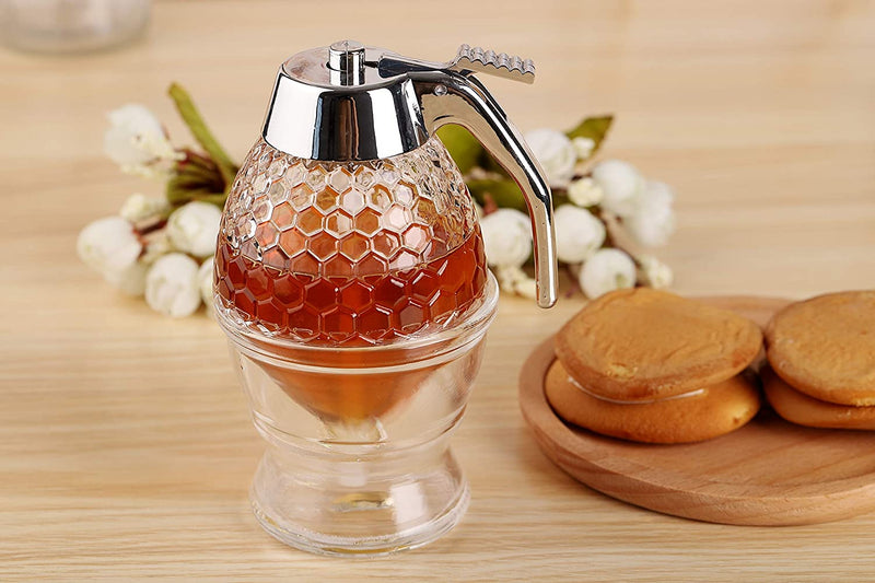 Honey Dispenser No Drip Glass - Maple Syrup Dispenser Glass - Beautiful Honey Comb Shaped Honey Pot - Honey Jar with Stand, Great Bee Decor