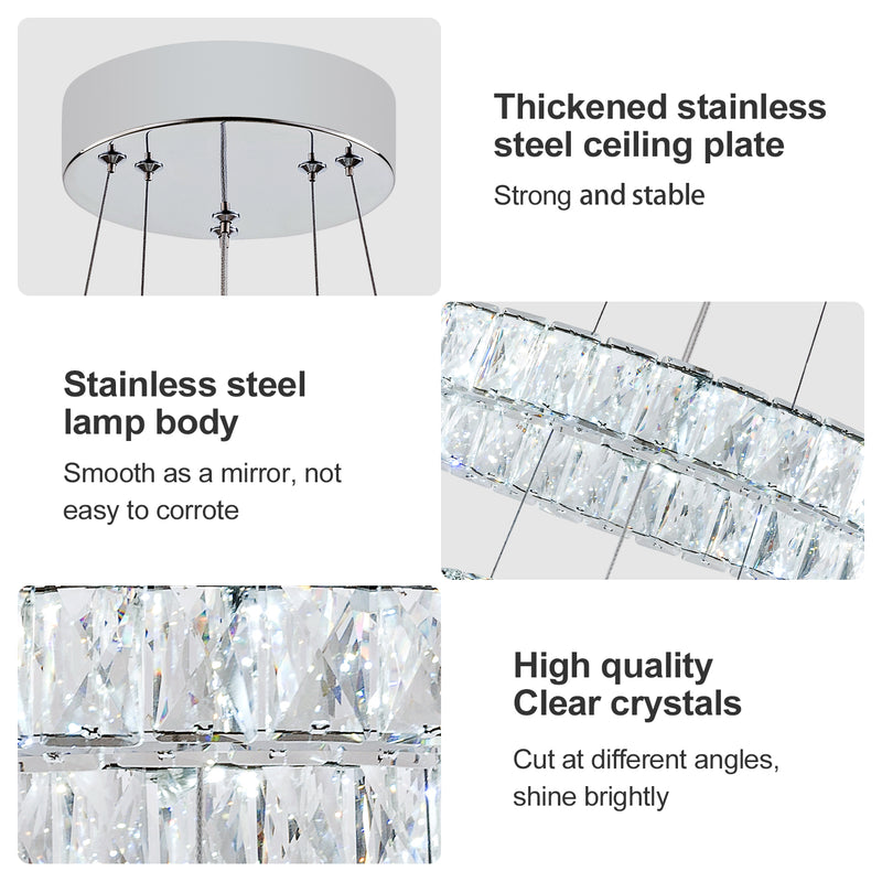 LED Crystal Chandeliers，Modern Ceiling Lights Fixture, Adjustable Stainless Steel Chrome Pendant Light，Rings Hanging Lights for Bedroom Living Room Dining Room