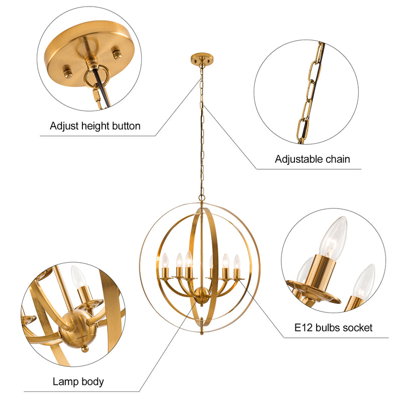 Golden Orb Chandeliers,Gold Pendant Lights for Kitchen Island, Modern 6 Lights Globe Pendant Light Fixtures, Adjustable Orbits Ring Hanging Light, Farmhouse Ceiling lights for Dining Room Bedroom Foyer Entryway and Living Room