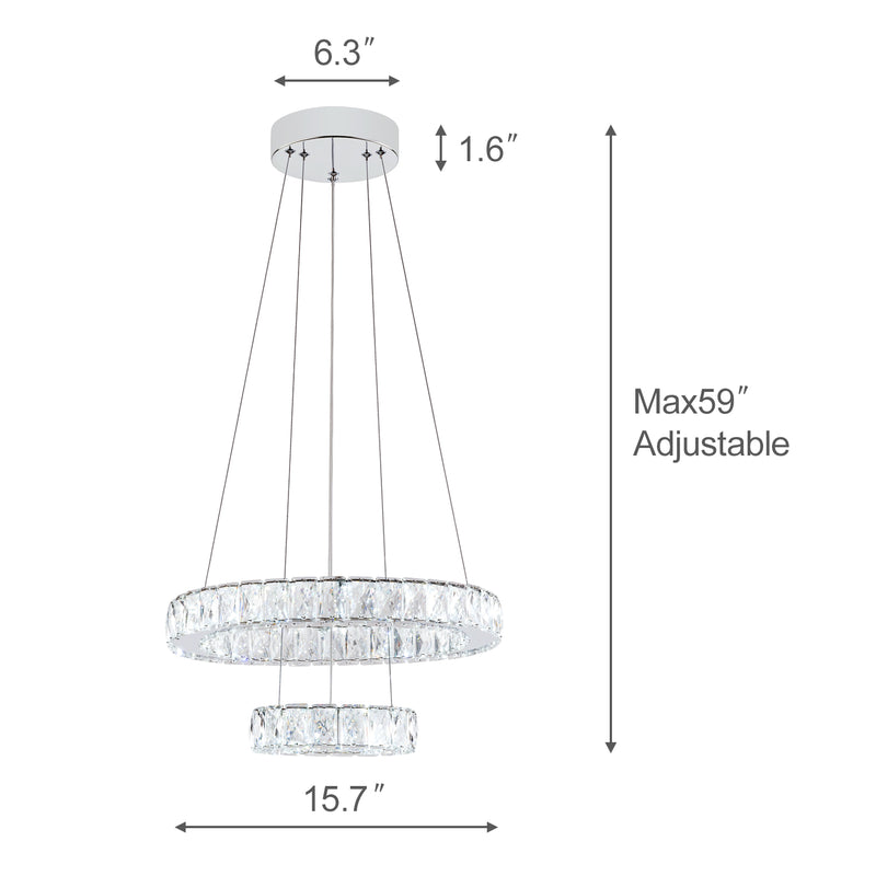 LED Crystal Chandeliers，Modern Ceiling Lights Fixture, Adjustable Stainless Steel Chrome Pendant Light，Rings Hanging Lights for Bedroom Living Room Dining Room