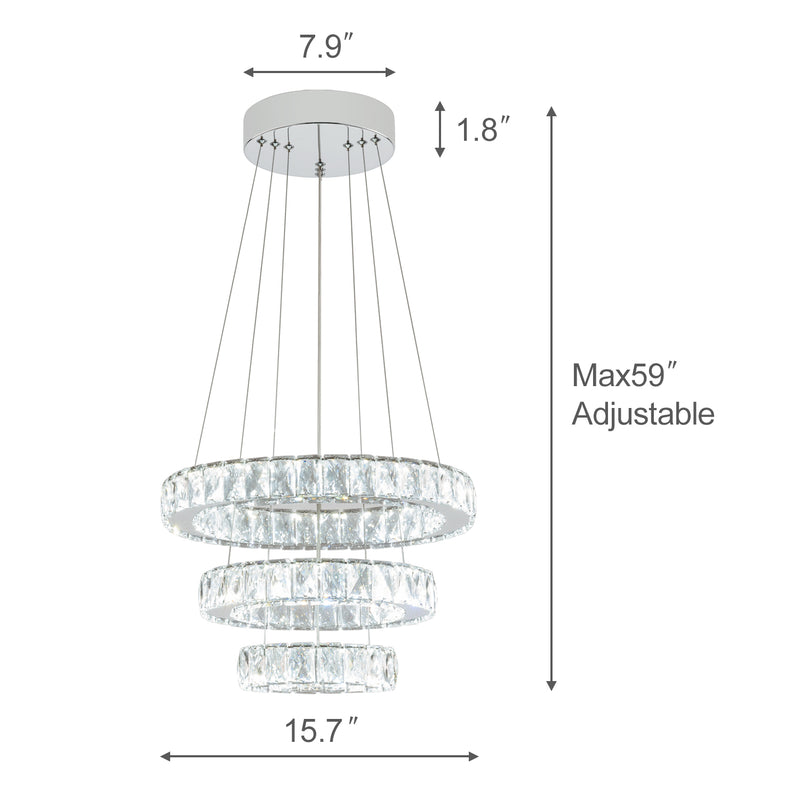 LED Crystal Chandeliers，Modern Ceiling Lights Fixture, Adjustable Stainless Steel Chrome Pendant Light，Rings Hanging Lights for Bedroom Living Room Dining Room