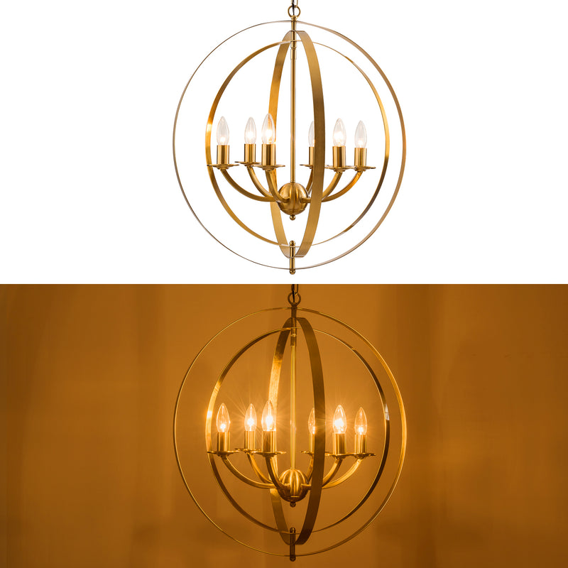 Golden Orb Chandeliers,Gold Pendant Lights for Kitchen Island, Modern 6 Lights Globe Pendant Light Fixtures, Adjustable Orbits Ring Hanging Light, Farmhouse Ceiling lights for Dining Room Bedroom Foyer Entryway and Living Room