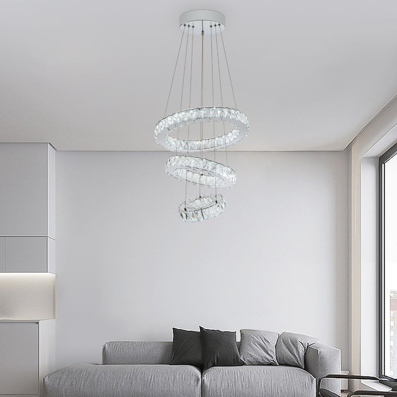 LED Crystal Chandeliers，Modern Ceiling Lights Fixture, Adjustable Stainless Steel Chrome Pendant Light，Rings Hanging Lights for Bedroom Living Room Dining Room