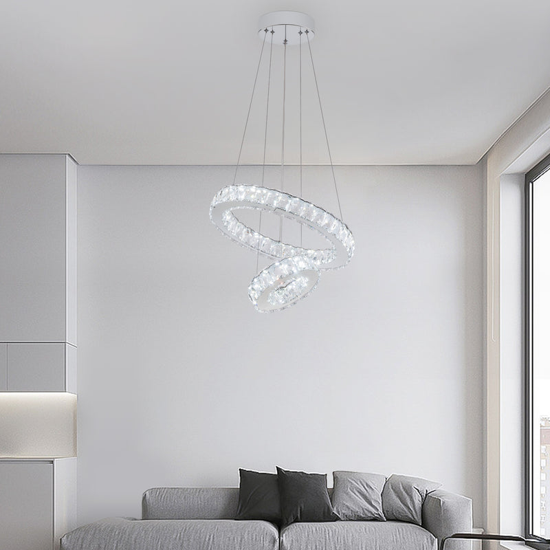 LED Crystal Chandeliers，Modern Ceiling Lights Fixture, Adjustable Stainless Steel Chrome Pendant Light，Rings Hanging Lights for Bedroom Living Room Dining Room