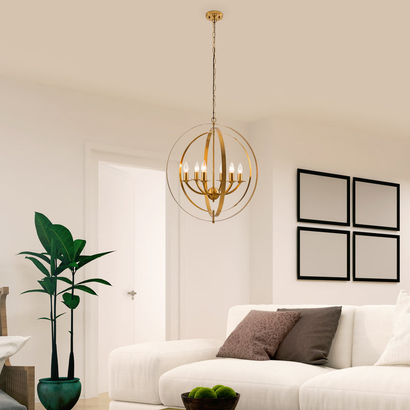 Golden Orb Chandeliers,Gold Pendant Lights for Kitchen Island, Modern 6 Lights Globe Pendant Light Fixtures, Adjustable Orbits Ring Hanging Light, Farmhouse Ceiling lights for Dining Room Bedroom Foyer Entryway and Living Room