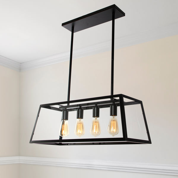 Kitchen Island Pendant with 4-Light, Matte Black ceiling light fixture, Farmhouse Vintage Chandelier, light fixture with Clear Glass Panels, Modern Chandelier for Dining Room