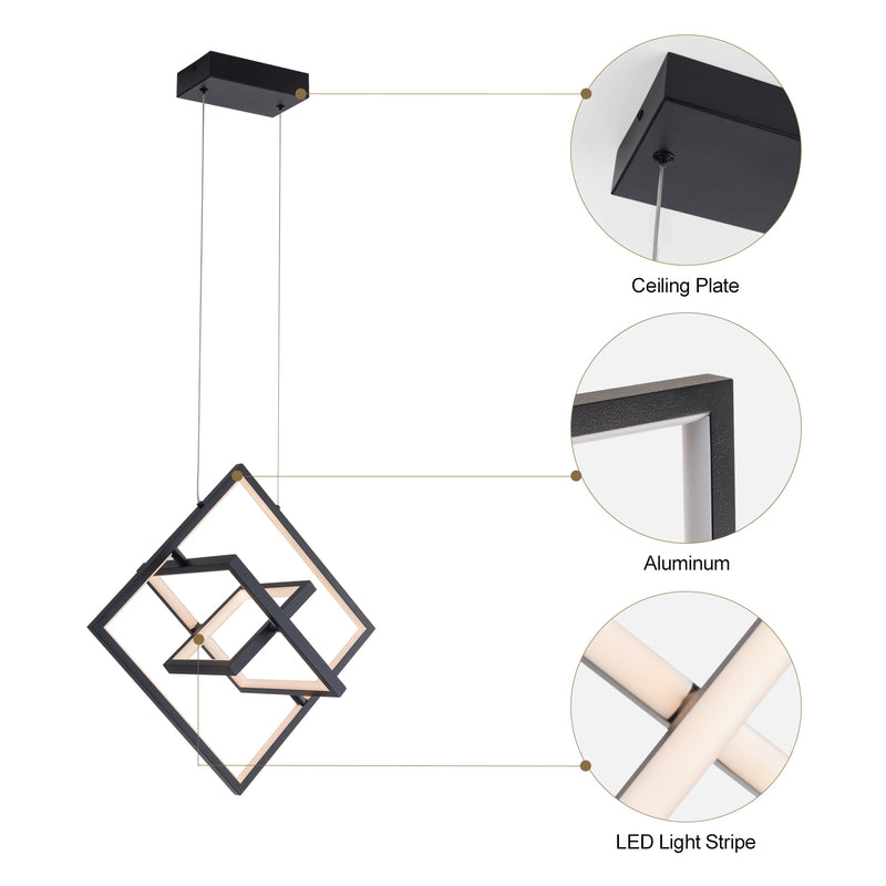 Modern LED Pendant Lights, Contemporary Dimmable Chandeliers, Adjustable Black Square Cube Ceiling light Fixture, Creative 3000K Pendant Light for Dining Room Living room Bedroom Kitchen Island Hall