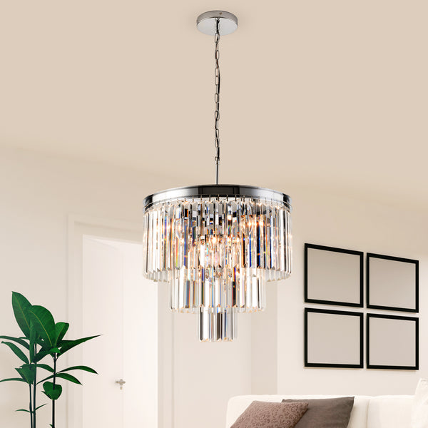 Modern Crystal Chandeliers, 19.7" Round Crystals Chandelier, Adjustable Ceiling Light Fixture, 3-Tier Crystal Pendant Lamp,Contemporary 7-Light Pendant Lights for Dinning Room Living Room Kitchen Hotel Foyer