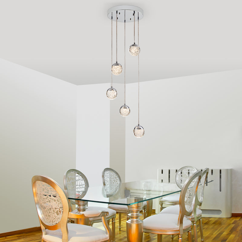 Modern Pendant Lights, 5-Light LED Chandeliers, Contemporary Crystal Globe Pendant Light Fixtures for Living Room, Bedroom, Kitchen Island and Entryway