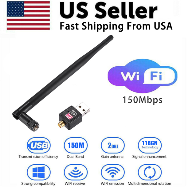 150Mbps USB WiFi Adapter Dongle Wireless Network Card Laptop Desktop PC Antenna