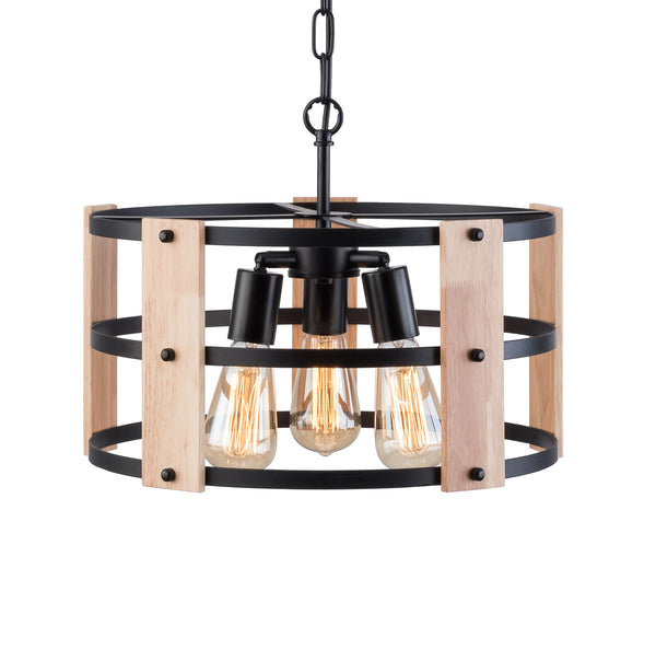 Modern Wood Finish Farmhouse Chandeliers, 3-Light Drum Chandelier Chain Adjustable Ceiling Light Fixture