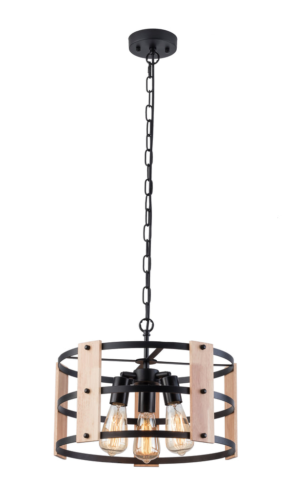 Modern Wood Finish Farmhouse Chandeliers, 3-Light Drum Chandelier Chain Adjustable Ceiling Light Fixture