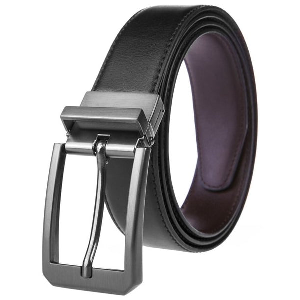 Men's Dress Belt Genuine Leather Reversible Rotated Buckle with 1.25" Wide Strap - Black/Brown