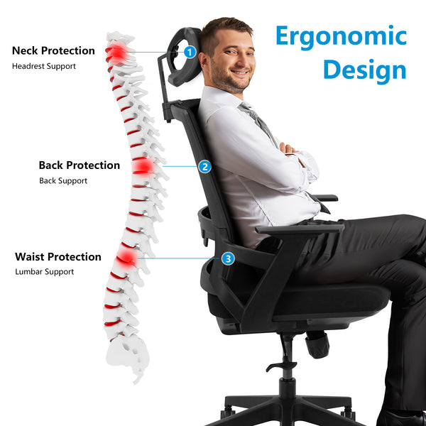 Ergonomic Adjustable Office Chair,High Back Home Desk Chair with Lumbar Support and Breathable Mesh, Thick Seat Cushion, Computer Chair with Adjustable seat height and Headrest