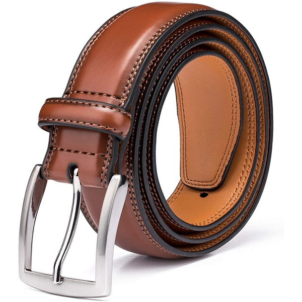 Men's Genuine Leather Dress Belt with Classic Fashion Design for Work Business and Casual (Brown)