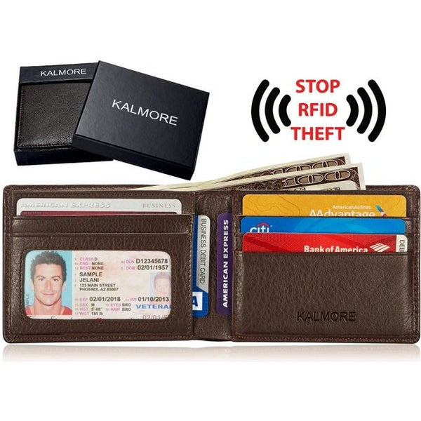 men's rfid blocking id window multi-card travel bifold genuine leather pocket wallet - in gift box