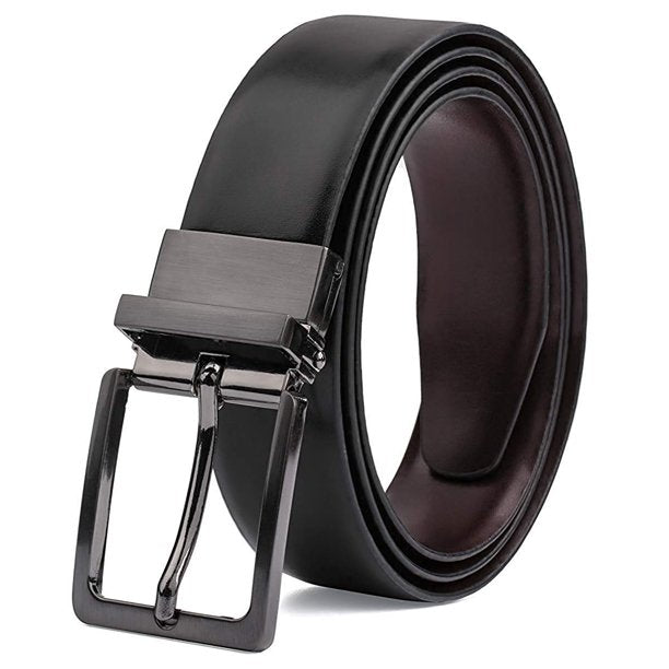 Men's Dress Belt Genuine Leather Reversible Rotated Buckle with 1.25" Wide Strap - Black/Brown