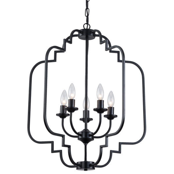 Modern Lantern Black Farmhouse Chandelier, 5-Light Chain Adjustable Chandelier Ceiling Light Fixture