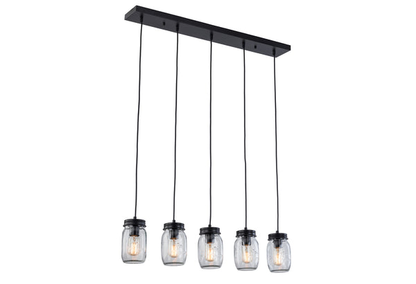 Modern Linear Black Farmhouse Chandelier, 5-Light Seeded Glass Shade Chandelier Ceiling Light Fixture Pendant