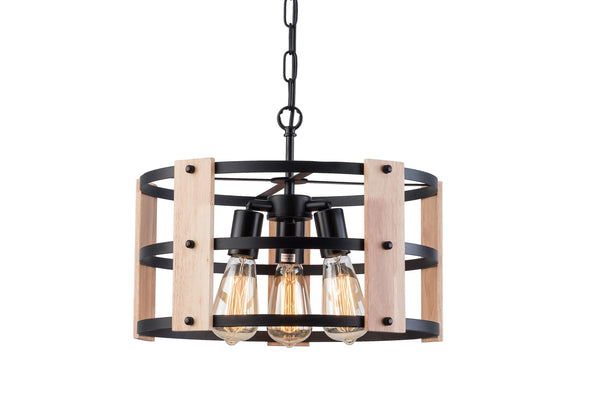 Farmhouse Chandelier Wood Finish Drum Chandeliers, 3-Light Chain Adjustable Ceiling Light Fixture Pendant