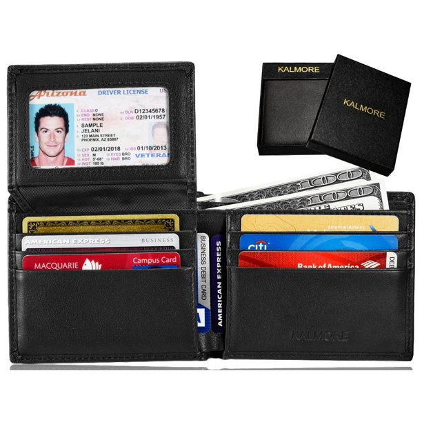 men's rfid blocking id window multi-card travel bifold genuine leather pocket wallet - in gift box