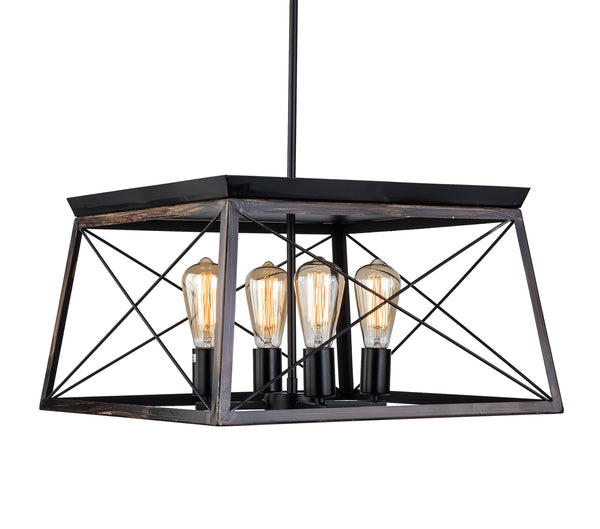 ORB Wood Finish Cage Modern Chandelier, 4-Light Height Adjustable Chandelier Ceiling Light Fixtures