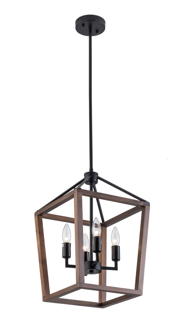 Farmhouse Chandelier Light Fixture, 4-Light Black Wood Finish Cage Chandeliers Adjustable Height Ceiling Light Fixture