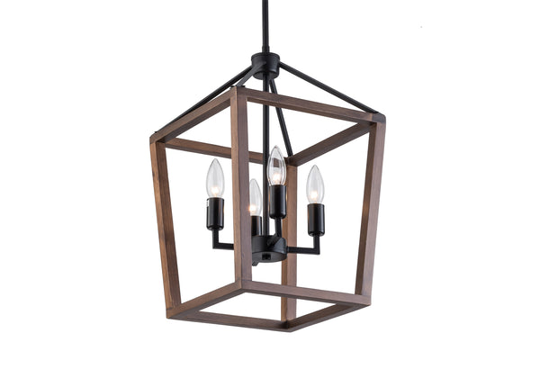 Farmhouse Chandelier Light Fixture, 4-Light Black Wood Finish Cage Chandeliers Adjustable Height Ceiling Light Fixture