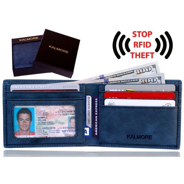 men's rfid blocking id window multi-card travel bifold genuine leather pocket wallet - in gift box