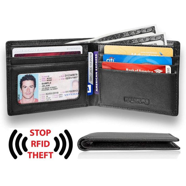 Men's RFID Blocking ID Window Multi-Card Travel Bifold Genuine Leather Pocket Wallet - in Gift Box