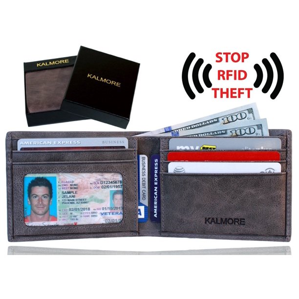 men's rfid blocking id window multi-card travel bifold genuine leather pocket wallet - in gift box