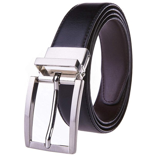 Men's Dress Belt Genuine Leather Reversible Rotated Buckle with 1.25" Wide Strap - Black/Brown