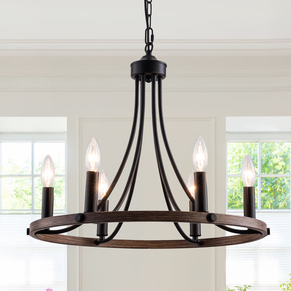 SIMPOL HOME 6-Light Black Wheel Chandelier for Living Room, Farmhouse Vintage Flush Mount Ceiling Light Fixture for Dining Room Foyer Entryway, Height Adjustable Metal Candle Pendant Lighting for Bedroom Hallway Kitchen