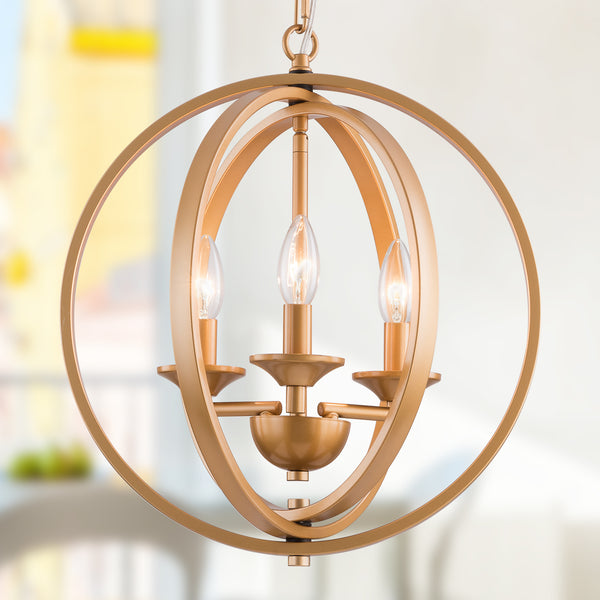 SIMPOL HOME Orb 3-Light Chandelier Globe Candle for Living Room, Rustic Farmhouse Flush Mount Ceiling Light Fixture, Height Adjustable Metal Pendant Lighting for Bedroom Hallway Kitchen Island Dining Room Foyer Entryway(Gold)