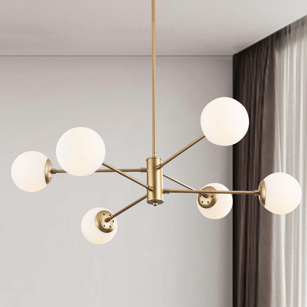 SIMPOL HOME 6-Light Sputnik Chandelier with Milk Glass Shades for Bedroom, Globe Mid Century Flush Mount Ceiling Light Fixture for Living&Dining Room Foyer Entryway, Modern Farmhouse Pendant Lighting for Kitchen Island Hallway(Gold)