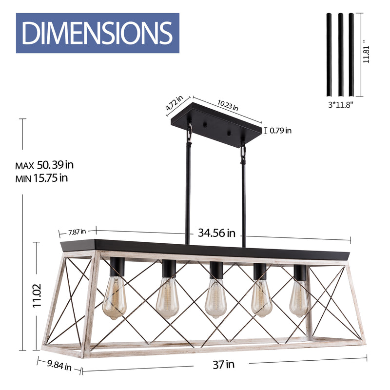 SIMPOL HOME 5-Light Farmhouse Chandelier for Kitchen Island, Rustic Rectangular  Flush Mount Ceiling Light Fixture for Living&Dining Room Foyer Entryway, Height Adjustable Metal Pendant Lighting for Bedroom Hallway