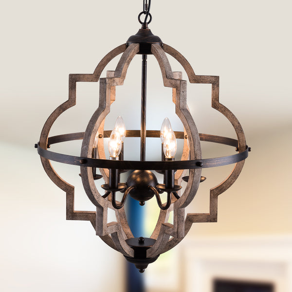 SIMPOL HOME Orb Candle 6-Light Chandelier in Wood Color Painted Finish, Rustic Farmhouse Flush Mount Ceiling Light Fixture, Height Adjustable Metal Pendant Lighting for Dining&Living Room Bedroom Hallway Kitchen Island Foyer Entryway