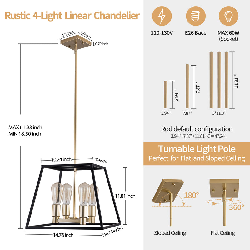 SIMPOL HOME 4-Light Farmhouse Chandelier with Glass Shade for Kitchen Island, Rustic Black-Gold Flush Mount Ceiling Light Fixture for Living&Dining Room Foyer Entryway, Height Adjustable Metal Pendant Lighting for Bedroom Hallway