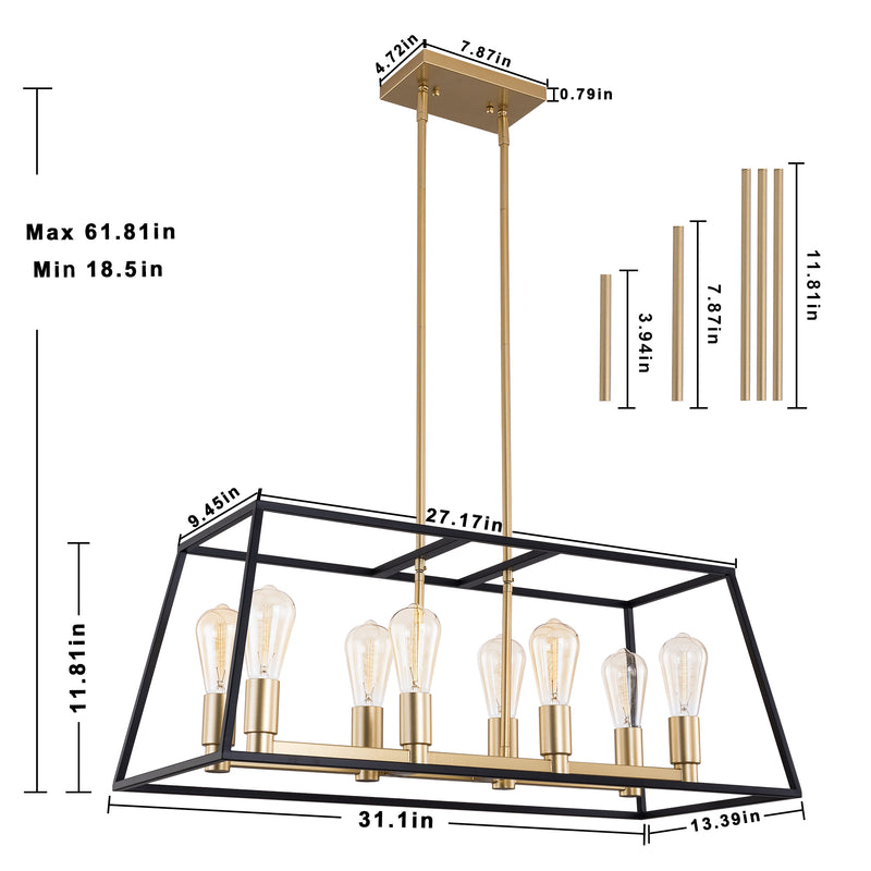 SIMPOL HOME 8-Light Farmhouse Chandelier with Glass Shade for Kitchen Island, Rustic Black-Gold Flush Mount Ceiling Light Fixture for Living&Dining Room Foyer Entryway, Height Adjustable Metal Pendant Lighting for Bedroom Hallway