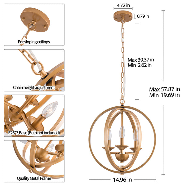 SIMPOL HOME Orb 3-Light Chandelier Globe Candle for Living Room, Rustic Farmhouse Flush Mount Ceiling Light Fixture, Height Adjustable Metal Pendant Lighting for Bedroom Hallway Kitchen Island Dining Room Foyer Entryway(Gold)