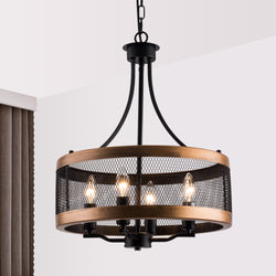 SIMPOL HOME 4-Light Black Farmhouse Candle Chandelier for Living Room, Rustic Industrial Flush Mount Ceiling Light Fixture, Height Adjustable Metal Drum Pendant Lighting for Bedroom Hallway Kitchen Dining Room Foyer Entryway