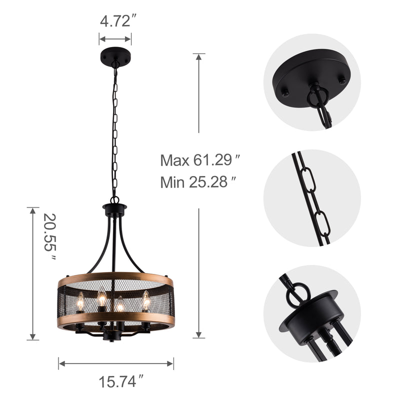 SIMPOL HOME 4-Light Black Farmhouse Candle Chandelier for Living Room, Rustic Industrial Flush Mount Ceiling Light Fixture, Height Adjustable Metal Drum Pendant Lighting for Bedroom Hallway Kitchen Dining Room Foyer Entryway