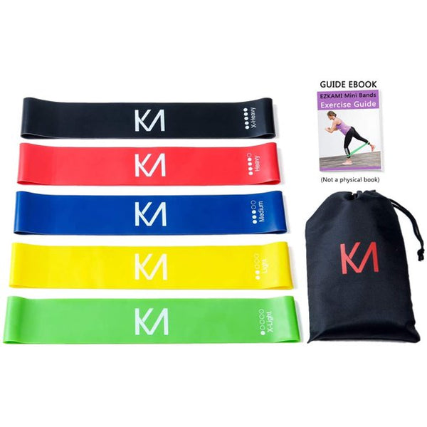 EZKami Resistance Full Loop Exercise Bands for Fitness, Home, Strength, Pilates, Yoga, Training, Therapy, Weight Loss with All Natural Latex Set of 5 12” x 2”.