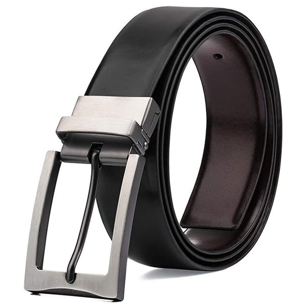 Men's Dress Belt Genuine Leather Reversible Rotated Buckle with 1.25" Wide Strap - Black/Brown