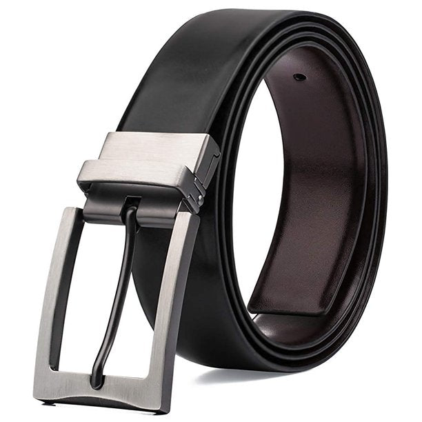 Men's Dress Belt Genuine Leather Reversible Rotated Buckle with 1.25" Wide Strap - Black/Brown