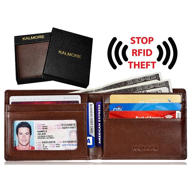 men's rfid blocking id window multi-card travel bifold genuine leather pocket wallet - in gift box