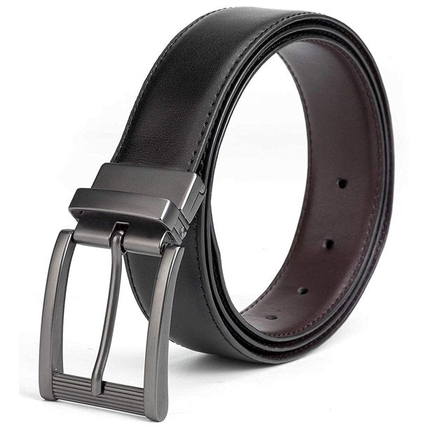 Men's Dress Belt Genuine Leather Reversible Rotated Buckle with 1.25" Wide Strap - Black/Brown