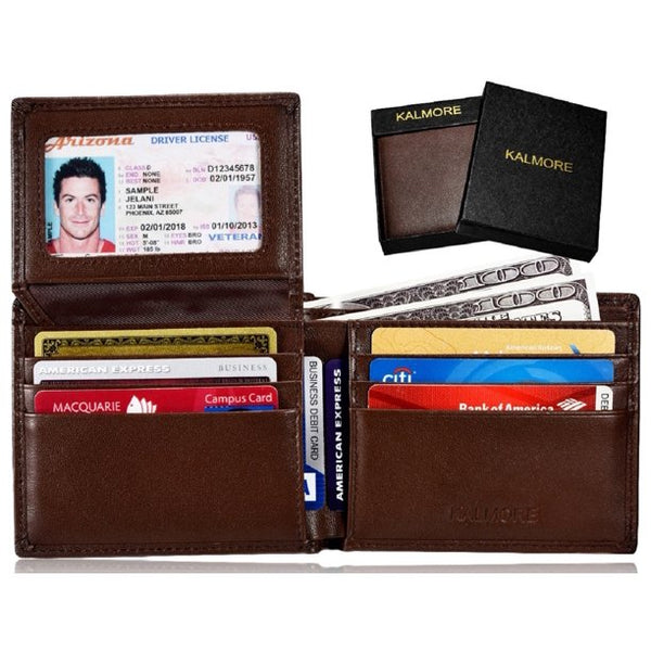 kalmore men's genuine leather rfid blocking flip-id window travel bifold wallet - in gift box